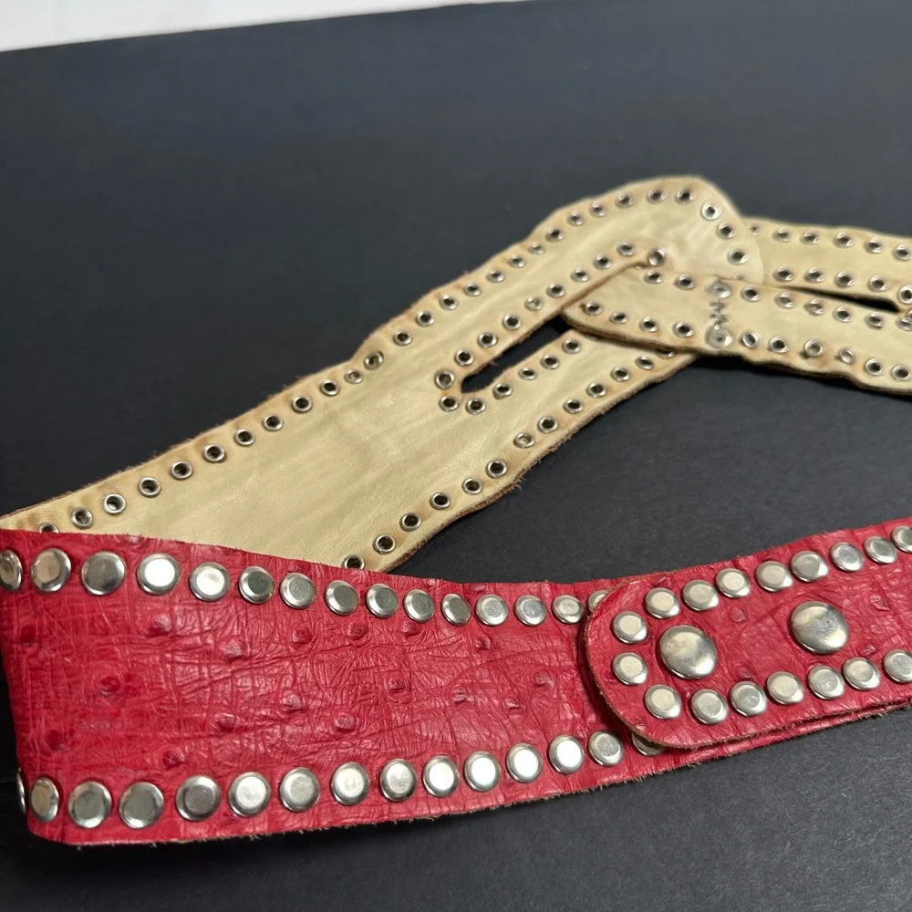 Vintage Genuine Ostrich Leather Belt L Red Silver Studded Cummerbund Adjustable